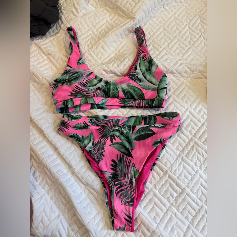 Pink Lily Vibrant Pink and Green Bikini Set
